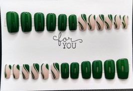 24pc Press on Nails Nude Green Swirls Medium Length - £6.39 GBP