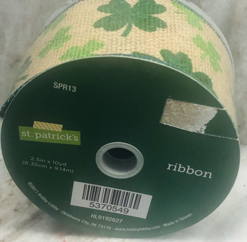 Burlap Ribbon Wired Edge W/Green Shamrocks. 3.5 Inches X 10 Yards Saint ... - $12.75