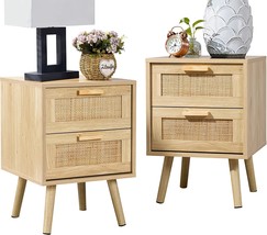 Finnhomy Nightstand, End Table, Side Table With 2 Hand Made Rattan, 2 Pack - £122.31 GBP