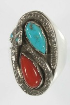 Men&#39;s Zuni Sterling Silver Turquoise &amp; Coral Snake Ring By Ray Nieto Siz... - £244.43 GBP