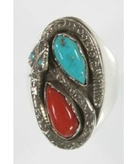 Men&#39;s Zuni Sterling Silver Turquoise &amp; Coral Snake Ring By Ray Nieto Siz... - $5,842.62 MXN