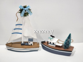 2pc Christmas Nautical Coastal Sail Boat Blue Tree Ornaments Set of 2 - $34.64