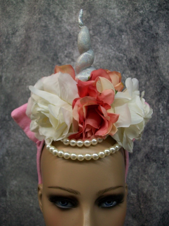 Fancy Unicorn Horn Flower Crown Headband w/ Ears Pearl Strands Fantasy Magical Item image 10