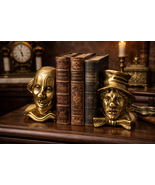 Vintage Solid Brass Clown Bust Bookends | Heavy Art Deco Sad Clown Pair - $146.02