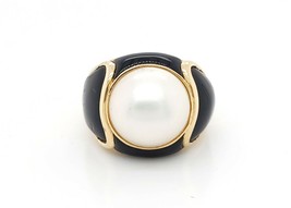14k Yellow Gold Vintage Women&#39;s Ring With Black Onyx &amp; Pearl - £478.72 GBP