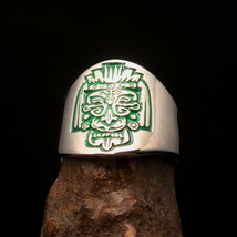 Men&#39;s Ring green ancient Maya Mask ornamental Inca Face - Sterling Silver - £46.36 GBP