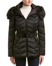 T Tahari leon faux fur trim hood belted coat short jacket in Black - size S - £92.23 GBP