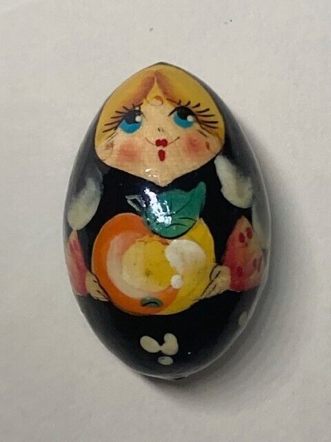 Vintage Russian Folk Art Hand Painted Wooden Egg Female Figure 2&quot; - $8.51