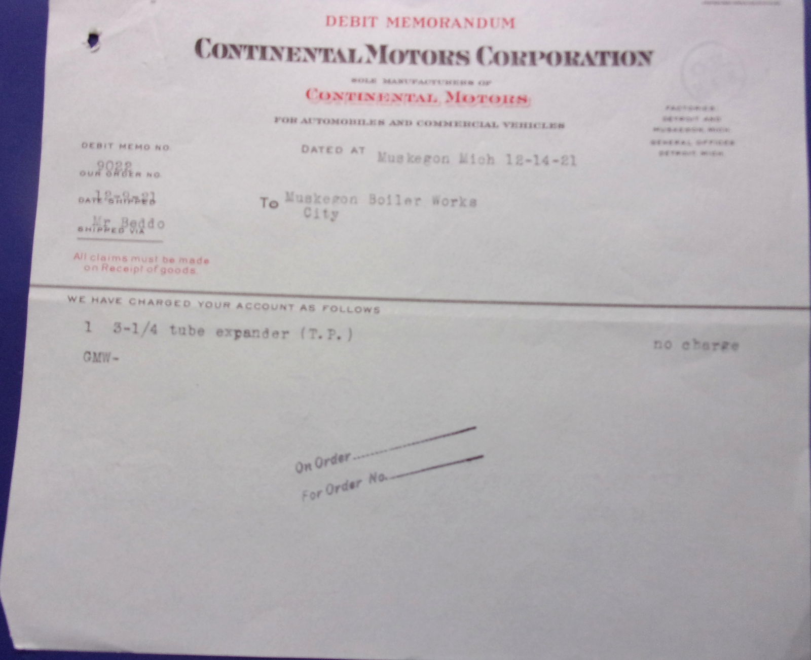Vintage Continental Motors Corporation Debit Memorandum 1921 - $3.99