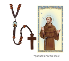 St. Francis of Assisi Brown Wood Cord Rosary &amp; Instrument of Peace Prayer Card - £9.54 GBP