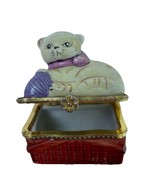 Kitty Cat on Yarn Basket Trinket Jewelry Box Porcelain Hinged Vintage Gr... - $12.99