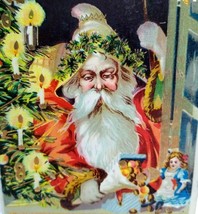 Santa Claus Christmas Postcard Gel Gold Trimmed Xmas Tree Gifts Toy Doll Germany - £19.01 GBP