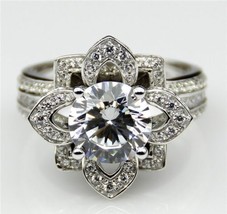 Lotus Engagement Ring 3.25Ct Round Cut Simulated Diamond 14K White Gold Size 8 - £205.87 GBP
