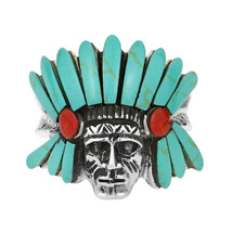 Native American Indian Chief Green Turquoise and Red Coral .925 Silver Ring-7 - £30.52 GBP