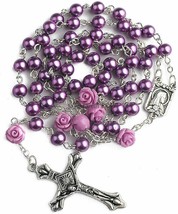 Rosary Beaded Necklace Purple Glass Bead Silver Crucifix Catholic Communion B - £15.92 GBP