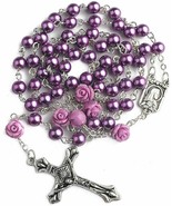Rosary Beaded Necklace Purple Glass Bead Silver Crucifix Catholic Commun... - $19.99
