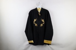 Vintage 90s Mens 4XL Silk Chinese Dragon Tie Button Kimono Jacket Black Gold - £63.78 GBP