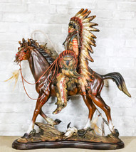 Large Indian Chief With Headdress Feathered Coup Staff Shield On Horse S... - $269.99