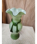 8” Green Hand Blown Glass Art Vase w/ Ruffled Top &amp; Applied Glass Ribbon - $16.99