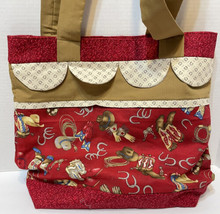 Vintage Handmade Western Theme Fabric Tote Back Double Handle 12x13x4.25 in - £23.45 GBP