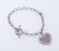 Sterling Silver Large CZ Heart Charm Toggle Bracelet 6.75&quot; - £135.70 GBP