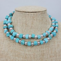 Vintage Casual Career Blue w/ Faux Pearl Stretchy Necklace 30 Inch Pullover - $16.83