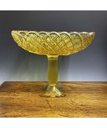 LE Smith Footed Trellis Square Compote Bowl Vase Weave Yellow Glass LARG... - $1,237.44 MXN