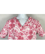 Pink Hibiscus Flowers Palm Trees Scrub Shirt Small Polyester Cotton Blend - £17.15 GBP