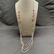 Vintage Layered Necklace Silver Toned Chain Colorful Stones 32 inches - £17.54 GBP