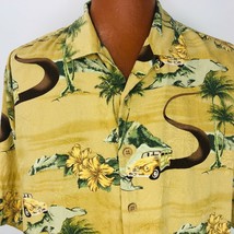 Urgent Gear Aloha Hawaiian Large Shirt Yellow Green Woodies Hibiscus Palm Trees - £31.96 GBP