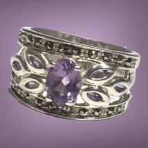 Vintage Sterling Silver Am Ethyst Gemstone Signed Lind Cfj Size 7 Wide Ring - £39.96 GBP