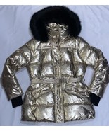 Michael Kors Gold Puffer Jacket MK Logo with Faux Fur Hooded Trim Belt M... - $271.56 CAD