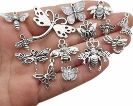 9 Bee Charms Butterfly Pendants Antiqued Silver Assorted Set Insect Wasp - $3.82
