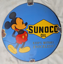 VINTAGE SUNOCO DISNEY MICKEY MOUSE PORCELAIN SIGN PUMP PLATE GAS STATION... - $74.25