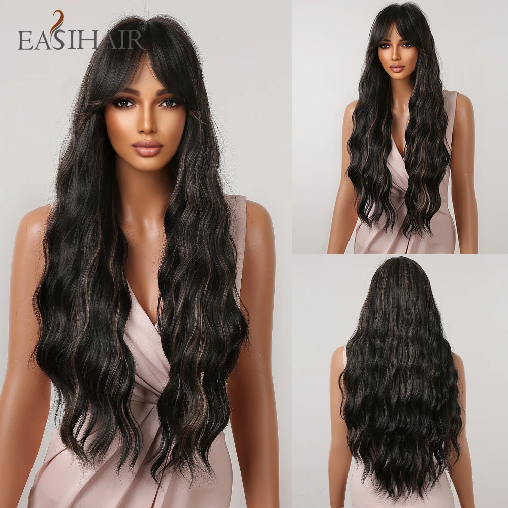 EASIHAIR Long Water Wave Synthetic Wigs with Bangs Brown Black Mixed Golden He - £14.80 GBP+