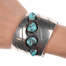 6.25&quot; Heavy vintage Navajo silver and turquoise shadowbox cuff bracelet - $475.20