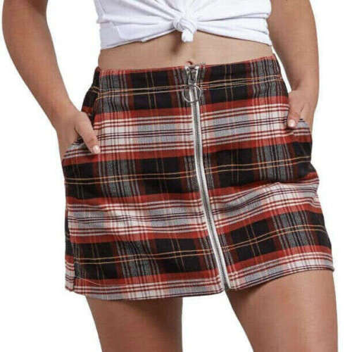 Primary image for Volcom Medium Frochickie Black Rust Classic Plaid Zip Front Mini Skirt Cotton