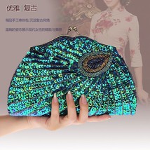 Vintage Women&#39;s Clutches Evening Bags with handle Peacock Pattern Sequins Beaded - $47.09