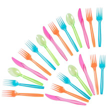 Plastic Silverware Set - 144-Piece Neon Cutlery In Green, Blue, Orange, And Pink - £23.59 GBP