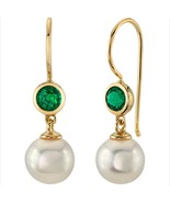 14K Yellow Gold 8mm Freshwater Cultured Pearl &amp; Created Emerald Earrings - €292,59 EUR