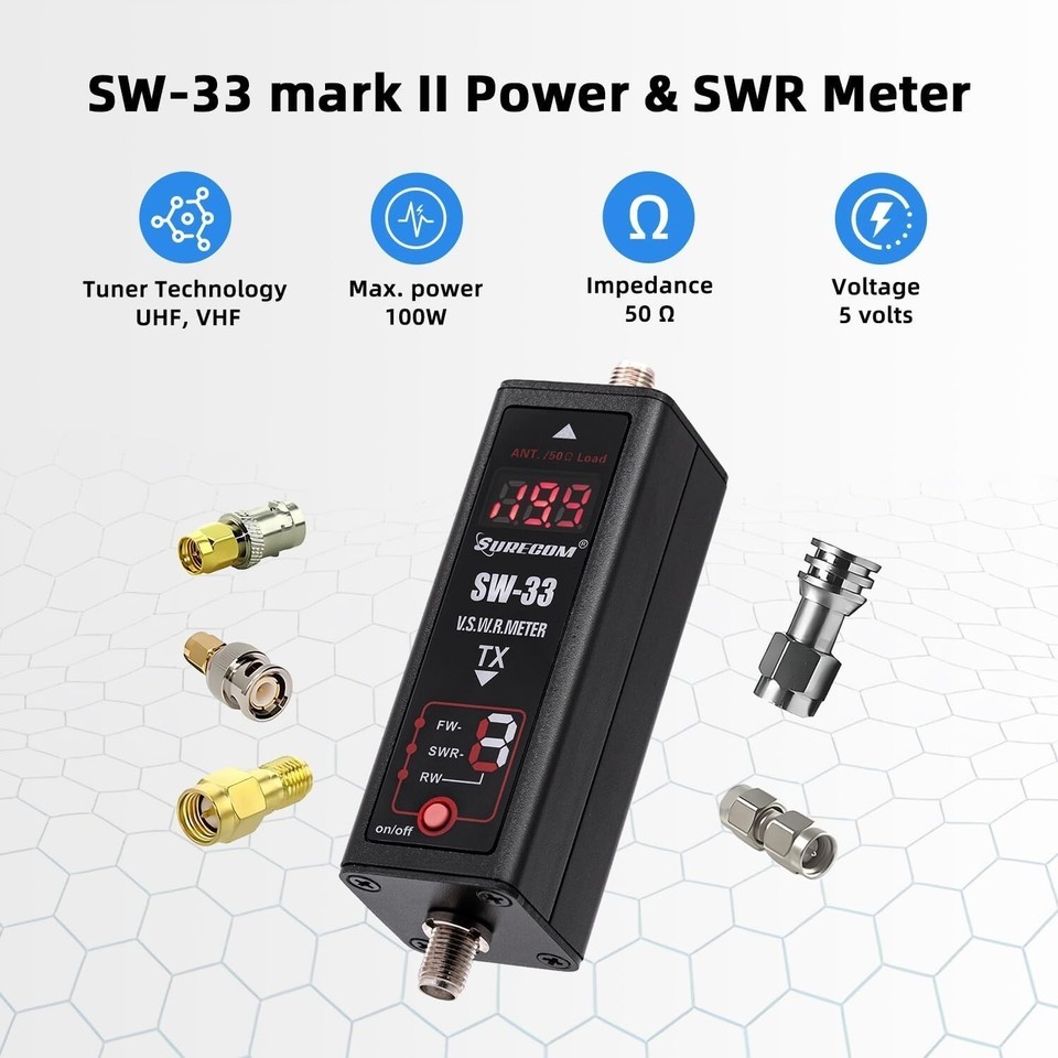 SW-33 Mark II Handheld VHF/UHF Power Meter: 100W, 125-525 MHz, User-Friendly Item image 4