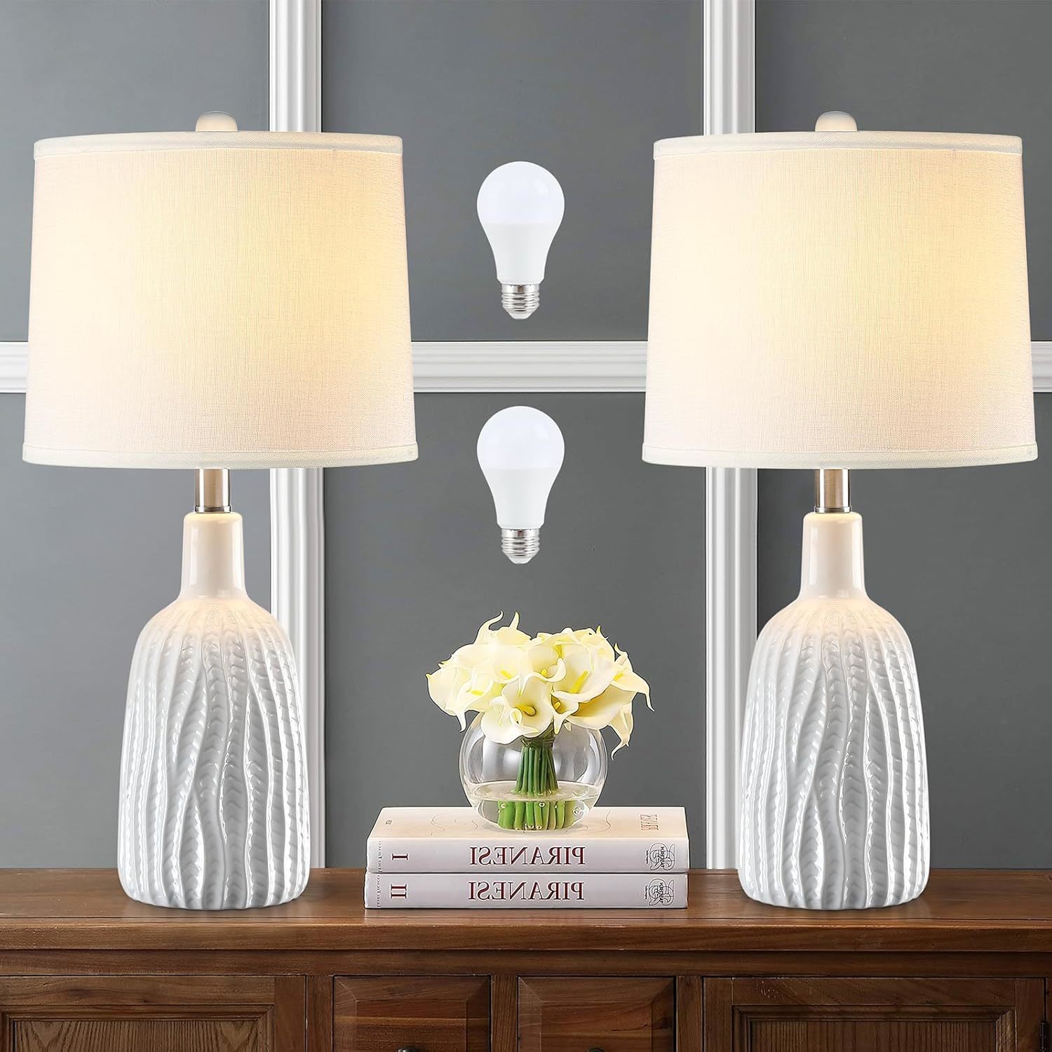 22.4" White Ceramic Table Lamps For Bedroom Set Of 2, Modern Bedside Lamps With