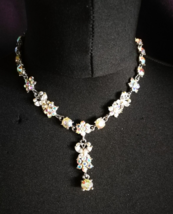 Rhinestone Dangle Flower Necklace Vintage Clear AB Blingy Wedding Adjustable - £9.80 GBP