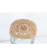 NOS Vtg 70s Streetwear Crochet Wool Knit Flower Skull Beanie Hat Beige W... - £31.07 GBP