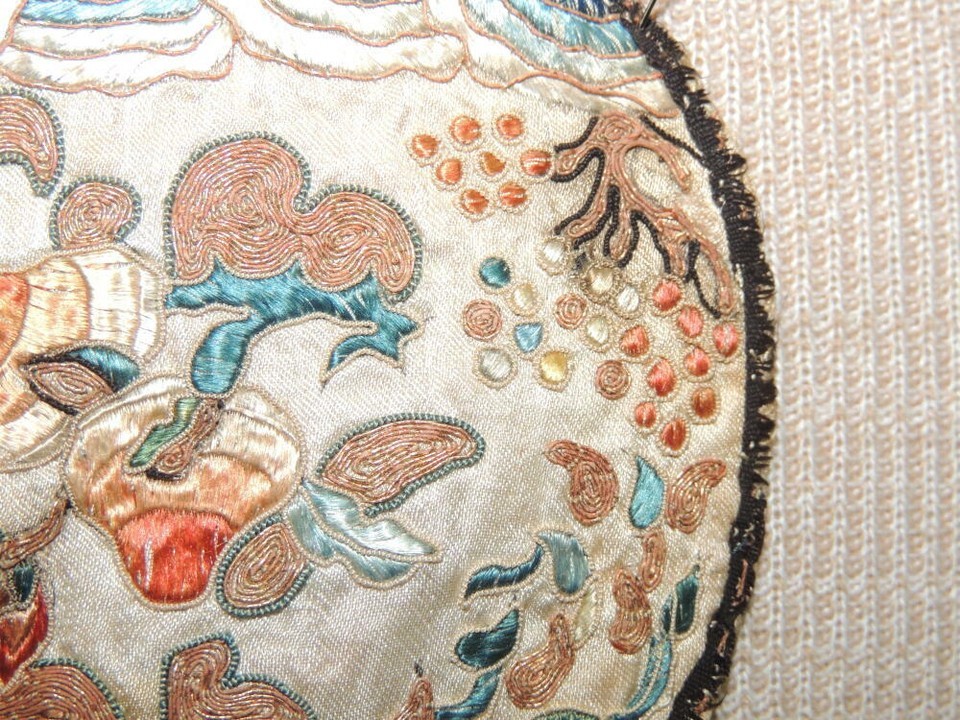Antique Chinese Silk Embroidery 4.2" Panel Tapestry metallic thread round clouds Item image 4