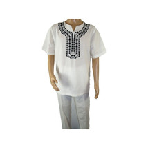 Men 2pc Stacy Adams leisure suit Linen Cotton With Embroidery 3668 white black image 6
