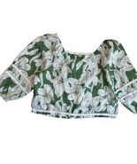 TAHARI Green White Floral 100% Linen Crop Top Blouse Square Neck Tropica... - $41.14 CAD