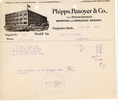 1912 Phipps Penoyer &amp; Co. Saginaw Michigan Grocers Antique Receipt Mr CS... - £29.58 GBP
