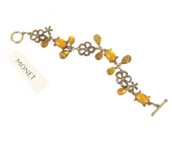 NWT Monet Amber Brown Bracelet Flower Rhinestone Dangle Charm Gold Tone - £15.72 GBP