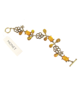 NWT Monet Amber Brown Bracelet Flower Rhinestone Dangle Charm Gold Tone - £15.39 GBP